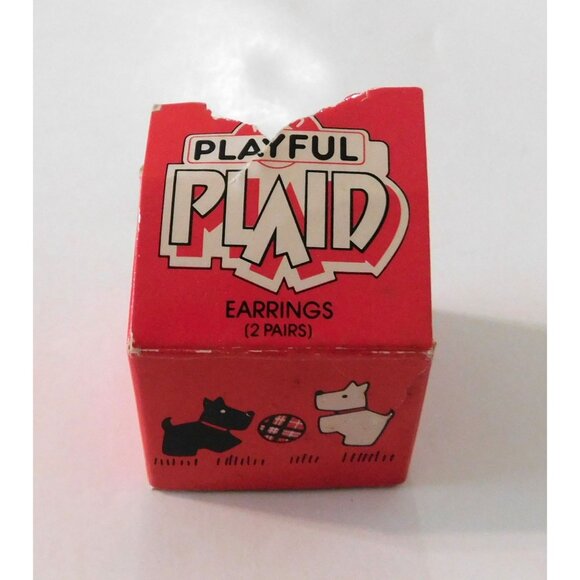 Vintage Avon Playful Plaid Scottie Dog Earrings Set 2 Pairs White Black Dogs - Picture 5 of 6
